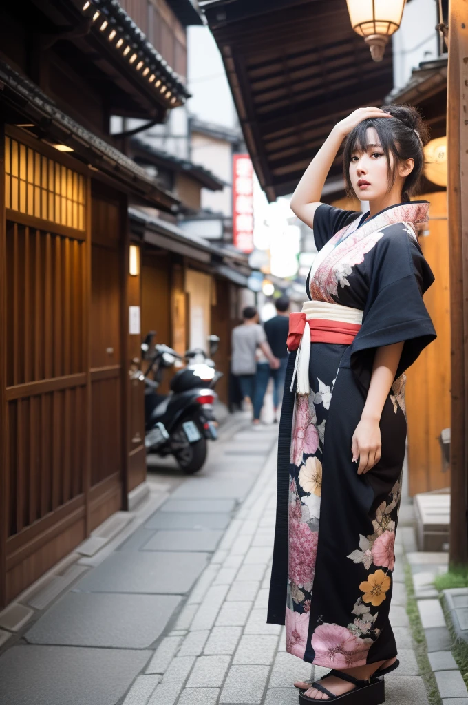 Surrealism, High detail, Cinema Lighting, Ray Tracing, viewing angle, Eye-level shot, Hyper HD, masterpiece, Textured skin, 4K, Highest quality, Beautiful woman in kimono, Downtown Kyoto, Japan, Full body shot, Put your hands on your head,