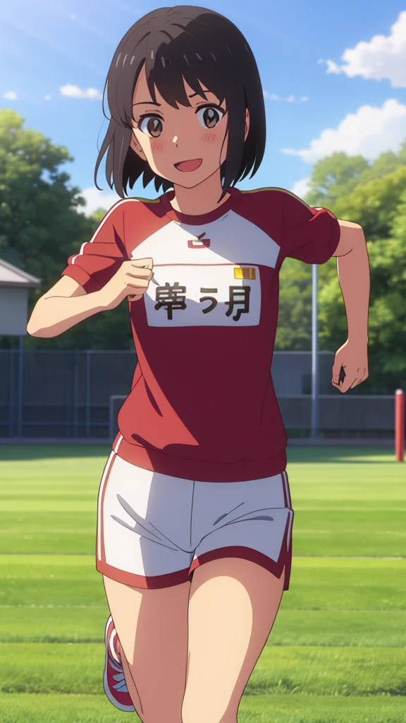 shinkai makoto, kimi no na wa., 1girl, bangs, black hair, blush, bright eyes, brown eyes, looking at the viewer, gym uniform, red buruma, short hair, solo, outdoors, (running:1.4), (ground:1.2), shinny skin, smile, cute, open mouth, cowboy shot, (masterpiece, best quality)