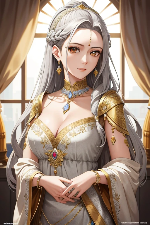masterpiece,Best image quality,Beautiful Bust of a Noble Maiden,Delicate silver hairstyle,Clear golden eyes,Beautifully decorated with exquisite craft jewellery,Ultra-detailed details
