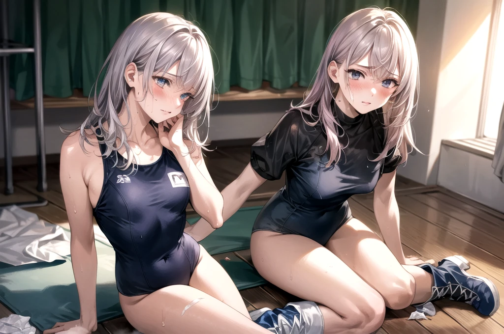 (masterpiece:1.3, Highest quality, Ultra-high resolution, Very detailed), (Realistic, photoRealistic:1.4), Beautiful illustrations, Perfect lighting, Natural light, Written boundary depth, , Beautiful detailed hair, Beautifully detailed face, Beautiful attention to detail, Beautiful clavicle, Beautiful body, Beautiful breasts, Beautiful thighs, Beautiful legs, Beautiful Hands, View your audience, (Face Focus), 1 girl, high school girl, The whole body is covered in oilで光沢感がある　Tissue paper cut into small pieces,　 A small crumpled roll of tissue paper, A small piece of tissue paper that had fallen to the ground, torn apart and crumpled,　Excessive sweating on the face,Sweat dripping down,Sitting on an old bed,　Duvet with a light yellow stain　Old gym mat ,Gymnasium Warehouse,　There are lots of small rolled up tissue papers on the floor. ,　Crumpled garbage is scattered everywhere.,　Very old gym mat, 　 Messy room,　　Dimly lit room　Hardwood Floors　Scattered small rolled tissue papers　Upper body sailor suit, Lower body swimsuit　Inner swimwear　Illustration Style　Anime Style　Small lips　Face of Shame　Embarrassing　beautiful girl　Very cute clothes　Cheeks pink　Light purple hair　Blonde long hair　super curly hair　Super long sideburns　Rubber clothing　hair band　Pearl white silk tights that become transparent when wet　White super long boots　Big eyes　Hanging eyes　Angry　Blushing　Shocking Pink Rouge　Sweating profusely　　A small roll of tissue paper　The whole body is wet from rain　Mucus clings to the whole body　Steam coming out of the whole body　Steam rises across the screen.　White Breath　Haa　The whole body is covered in oil　evening　Overall orange background　Sunset sunshine