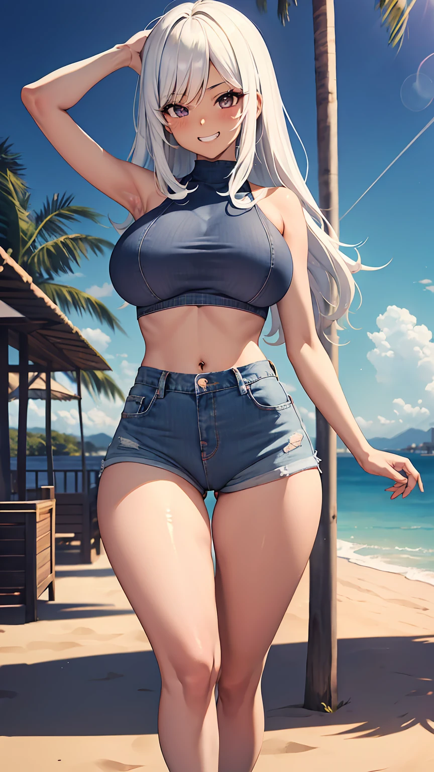 1girl, anime girl, anime, (dark skin), 2d girl, , (fullbody), standing, anime girl, black eyes, seductive grin, (white hair to blue hair), shirt, Solo, Slim, large breig  , big Breastorts, low waist shorts, upshorts, The night beach backgrouncity lights, looking at viewer, darker shadows, (((explicit))), (((shorts))), (((absurdres))), (((thigh gap))), cameltoe, (((cameltoe, shape of the vulva))), (((cleft of venus))), (((lowleg shorts))),