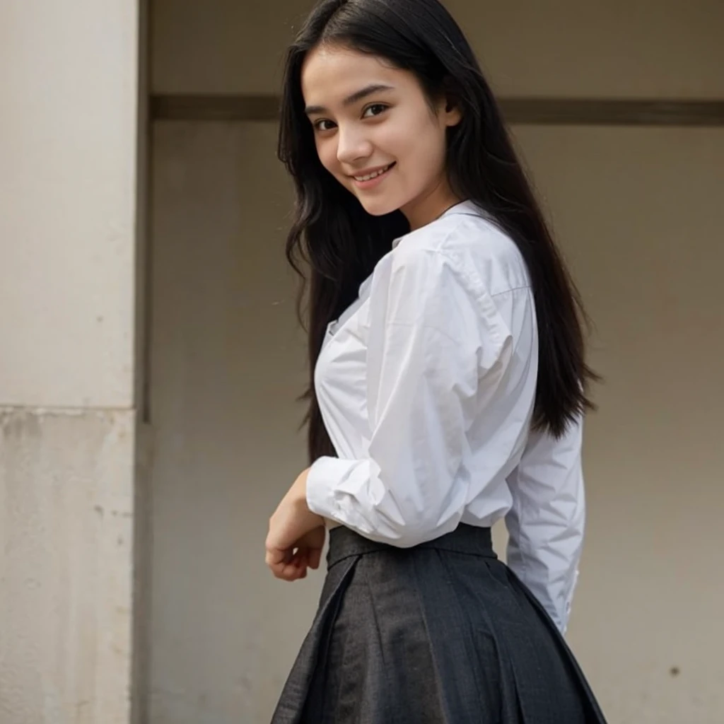 short skinny girl, tucked shirt, long skirt, long sleeves, black hair, little cute smile