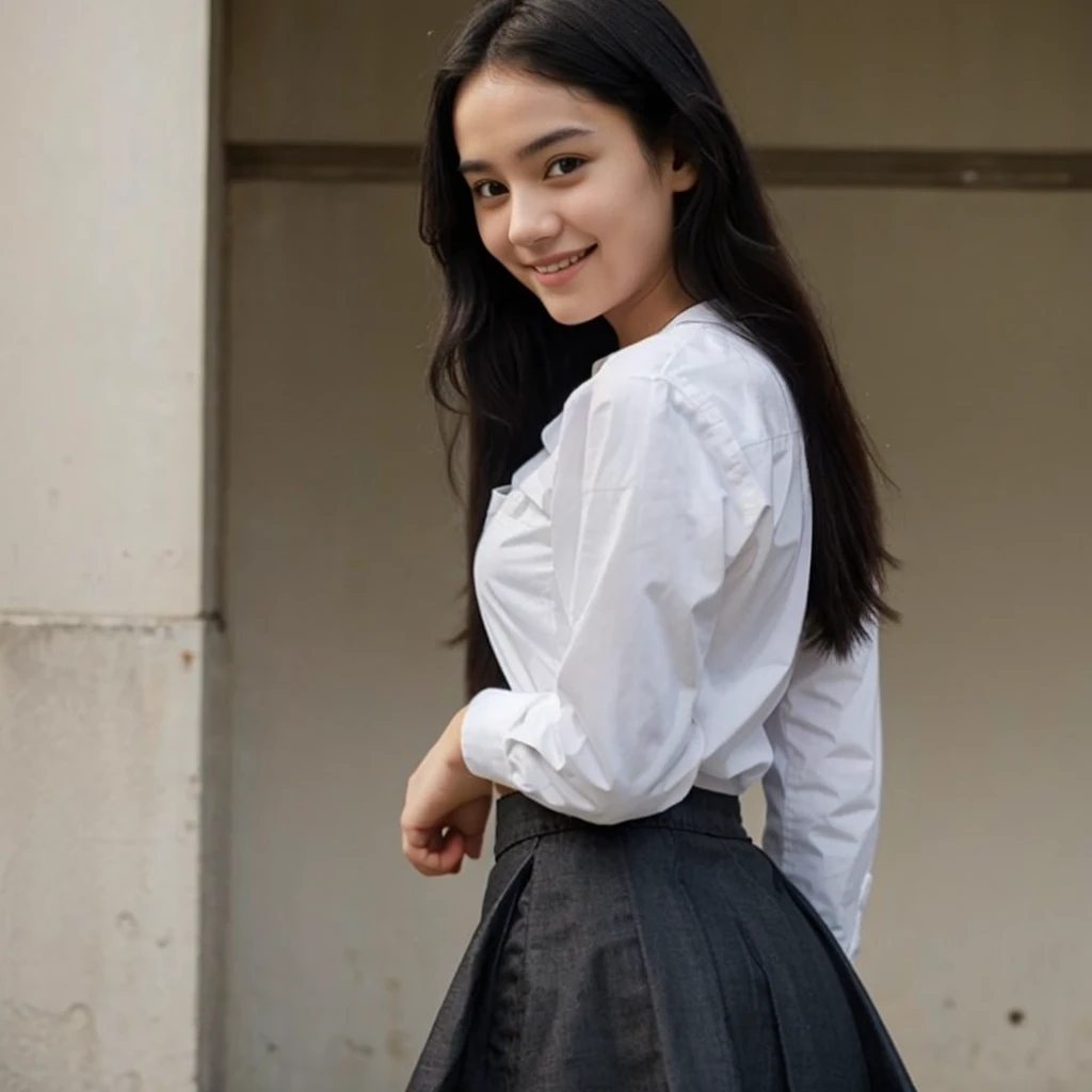 16 years old short skinny girl, tucked shirt, long skirt, long sleeves, black hair, little cute smile