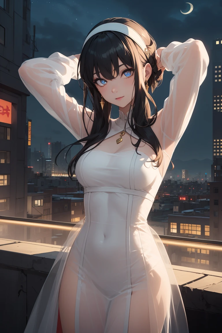 bbyorf, short hair with long locks, white hairband, red eyes, gold earrings,
BREAK (transparent tulle wedding dress with long sleeve and long tail:1.2),
BREAK (Night:1.7), Japan, cyberpunk, CityView, Before Window, Standing at attention,armpits,arm up, expressive eyes,seductive smile, looking at viewer, NSFW,(Full_body),
BREAK (masterpiece:1.2), best quality, high resolution,NSW ,unity 8k wallpaper, (illustration:0.8), (beautiful detailed eyes:1.6), extremely detailed face, perfect lighting, extremely detailed CG, (perfect hands, perfect anatomy),