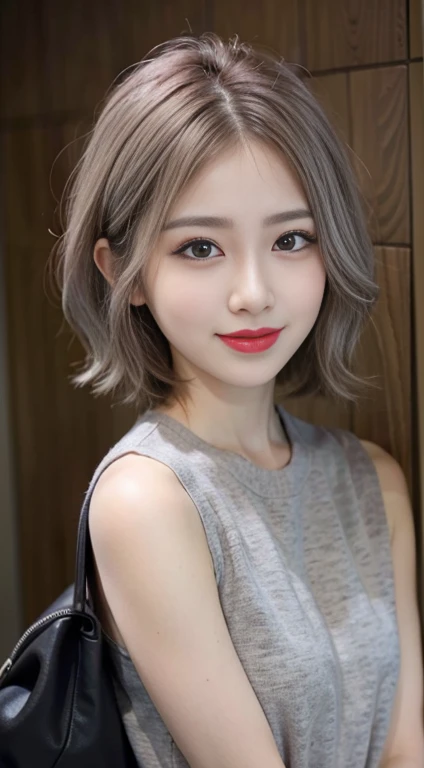 blush a little and smile, (Top quality masterpiece:1.2) Delicate illustrations, Very detailed, /Beautiful Japanese Women、1 person,Very cute and slim、Great style 、((8k images、super high quality))、Very delicate face, Skin and Hair、beautifule forehead、Red lipstick、(((((short hair、Silver Hair、lure))))),Very cute Japanese cut face、Eyes and nose are clearly visible、Kind eyes,((((Sleeveless fashion))))