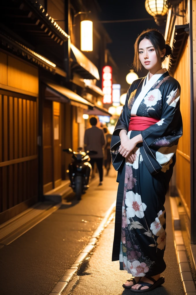 Surrealism, High detail, Cinema Lighting, Ray Tracing, viewing angle, Hyper HD, masterpiece, Textured skin, 4K, Highest quality, Beautiful woman in kimono, Downtown Kyoto, Japan, Full body shot,