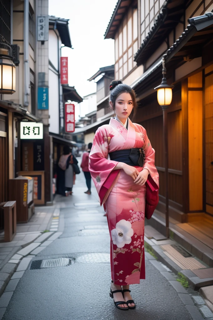 Surrealism, High detail, Cinema Lighting, Ray Tracing, viewing angle, Hyper HD, masterpiece, Textured skin, 4K, Highest quality, Beautiful woman in kimono, Downtown Kyoto, Japan, Full body shot, 