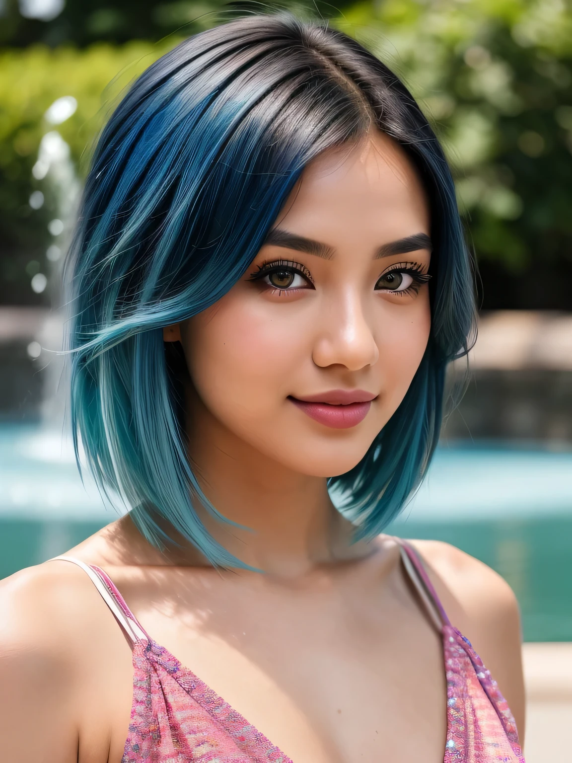 (blue hair:1.4), short hair, realistic green eyes, cobalt hair, long bob hair, tousled hair, shoulder length hair, Full body, woman with white skin and Asian features, 24 year old, big breast. She has a small, elegant nose with a slight upward curve at the tip. Her lips are full and naturally pink, with a well-defined Cupid's bow. Her teeth are straight and white, enhancing her captivating smile. Her face has an oval shape with high cheekbones that add to her model-like appearance. (crack), detailed (texture!, shine, color!!, flaws: 1.1), highly detailed glowing eyes, (looking at camera), specular light, dslr, extreme quality, crystal clear, cute face, detailed skin pores, oil Dark skin, brown, complex eye details, she is far from the camera, A full-body portrait, captured from a distance. Dynamic Frame, 8K, in a city park, standing by a fountain, close up, looking at viewer, (extremely detailed 8k wallpaper), soft lighting, high quality, film grain, Fujifilm XT3 sharp focus, f 5.6, 50mm, High Detail, Sharp focus,(natural light), (wearing a summer dress), summer dress, crazy details, complex details, hyper detailed, (short hair:1.3).