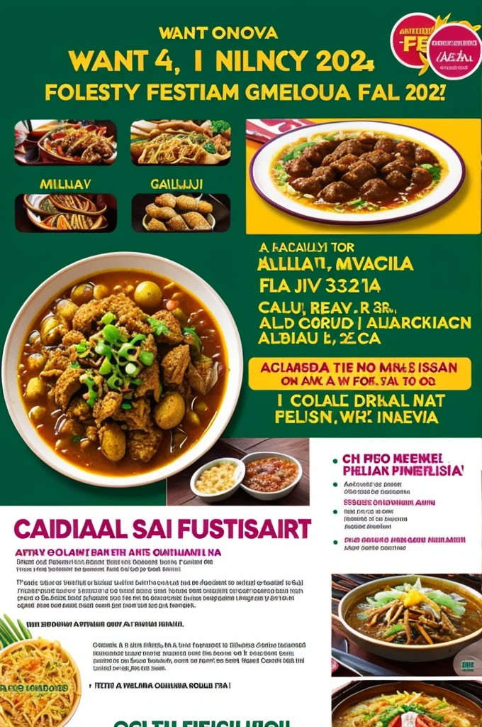 I want a poster for malay food fiesta 2024 held in camilla grounds at 4.30 Pm onwards on 3rd august organised by malay Committee. ONLY INCLUDE THE WORDS "Malay food fiesta" and other descriptions i had provided 