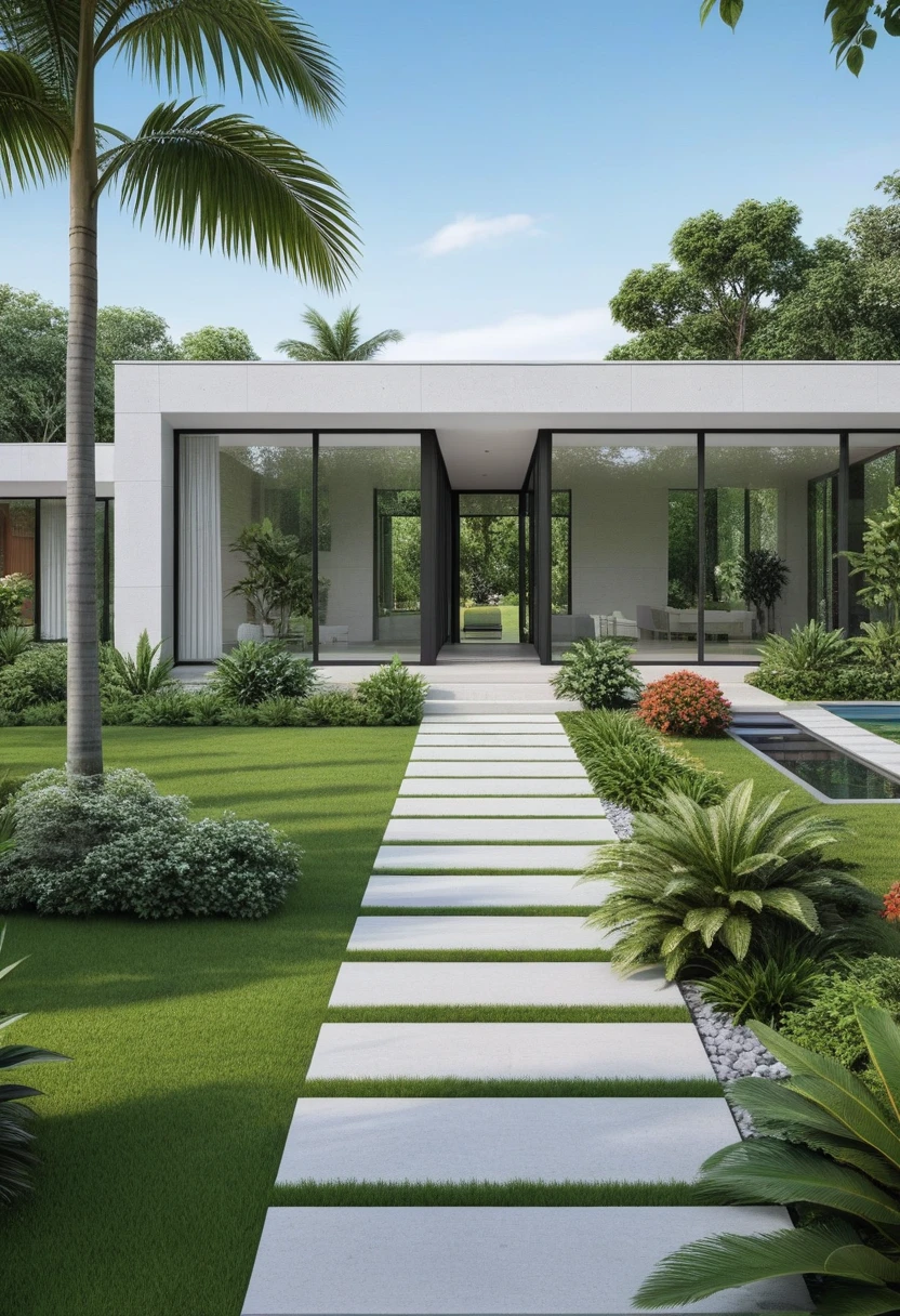 A hyper-realistic image of a modern one-story house with a minimalist design, featuring a combination of white and glass materials. The house has a flat roof, large floor-to-ceiling glass windows, and a spacious front yard. The entrance is flanked by lush greenery and well-maintained garden paths with concrete pavers and grass. The garden includes various tropical plants and trees.