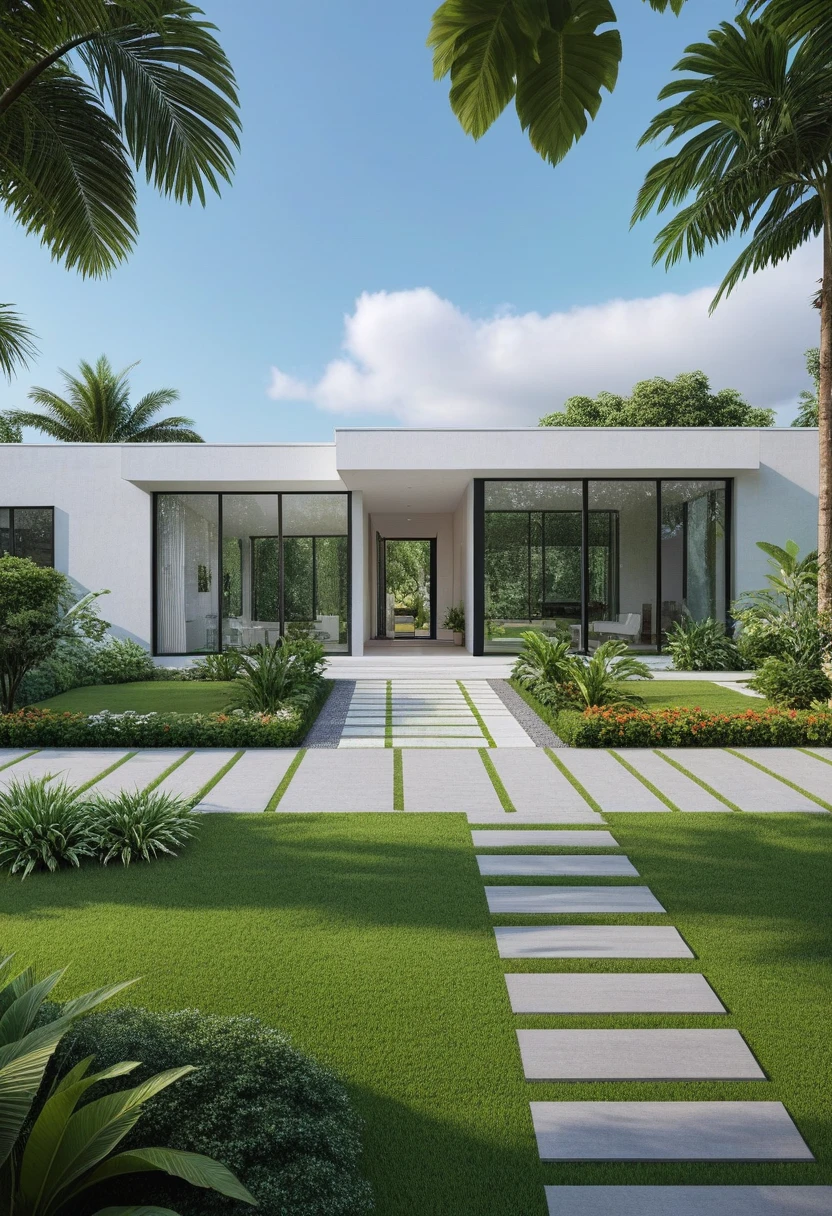 A hyper-realistic image of a modern one-story house with a minimalist design, featuring a combination of white and glass materials. The house has a flat roof, large floor-to-ceiling glass windows, and a spacious front yard. The entrance is flanked by lush greenery and well-maintained garden paths with concrete pavers and grass. The garden includes various tropical plants and trees.