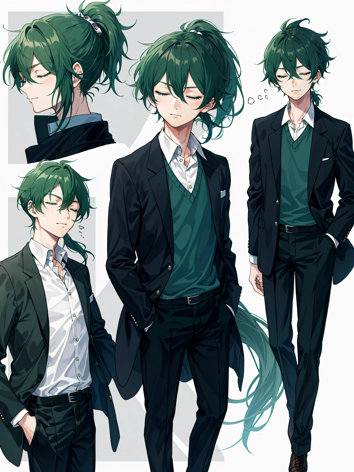1 boy, 27 years old, full body, hair between eyes, dark green hair, Lower ponytail, collared shirt, slacks, safari jacket, closed eyes, katana,
