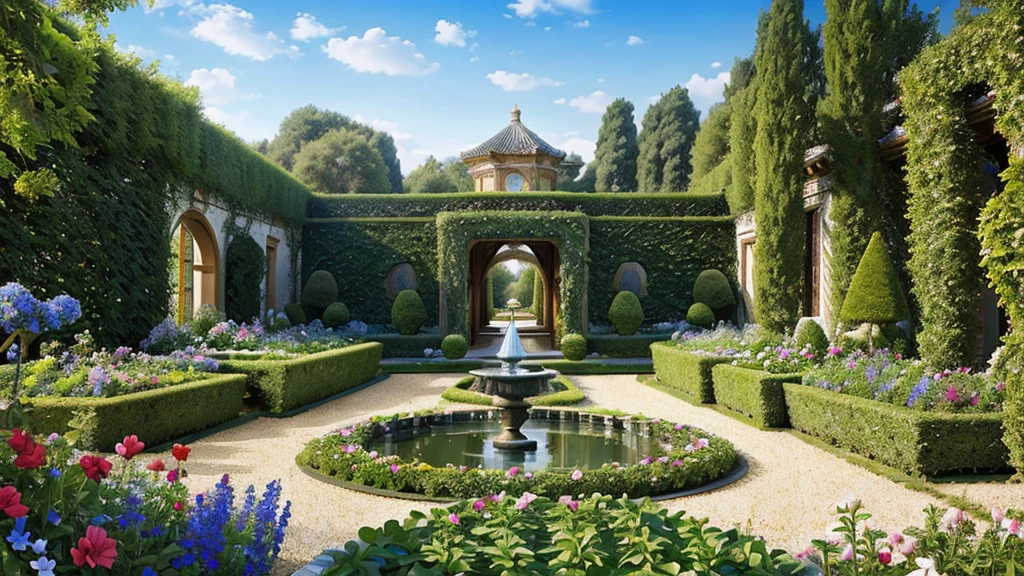 (high resolution)(masterpiece) Fresco, Heavenly Garden, A scene depicting a beautiful garden, Beautiful Renaissance architecture, water feature, Well-kept flower beds and neatly trimmed hedges look out over the blue sky. Nature is everywhere, and、The light is clear and crisp, 8k.Versailles、Open Garden