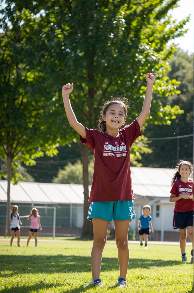 Create a highly realistic scene set in a bustling sports center in Italy. The focus is on two Italian sisters, one 13 years old and the other 8 years old, surrounded by a group of younger children. They are all dressed in colorful T-shirts and shorts, reflecting their energetic and joyful mood.
The 13-year-old teenager stands confidently in the center. She has shoulder-length brown hair tied in a ponytail and is wearing a bright red t-shirt tied under her small breasts showing her midriff and blue shorts. Her face is lit up with a warm smile as she interacts with the children around her, radiating a sense of enthusiasm and camaraderie.
Next to her is her 8-year-old sister, who looks a lot like her older sister but is shorter and has a smaller build. She has long wavy brown hair tied with a ribbon and is wearing a matching red t-shirt and blue shorts. Her expression mirrors her older sister's joy and excitement as she interacts with the other children.
Surrounding them are children aged between 5 and 10, each wearing T-shirts and shorts in various bright colors such as yellow, green, blue and orange. Their expressions are full of happiness and excitement as they interact with each other and the two sisters. Some children hold sports equipment such as soccer balls and skipping ropes, indicating their availability for fun activities.
In the background is the lively setting of the sports center: an open field with freshly cut grass, a running track and various sports facilities such as basketball courts and a football field. Some trees and benches are scattered here and there, offering places of shade and rest. The sky is clear and blue, with the sun shining brightly, casting a warm light over the entire scene.
This scene captures the energetic and playful atmosphere of the sports centre, with the 13- and 8-year-old sisters at the center of the joyful group, creating a sense of unity and fun among the children. The vibrant colors of their outfits and lively intera