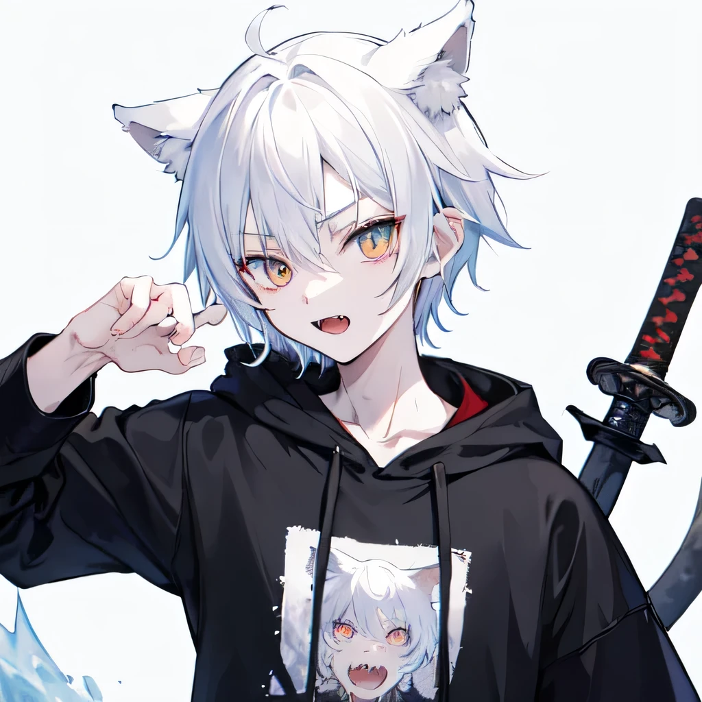 1Boy, Boyish, Catboy, Fangs Showing, Ultra-detailed Ice-colored Dragon Eyes, Eye-focus, Snow-White Hair, Head Shot, Cute Expression, Tight Hoodie, Katana sword, Plain Background