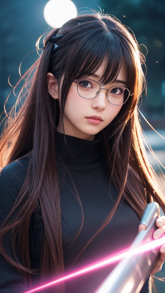 1girl, anime style, cute anime girl, anime girl with glasses, anime girl with long hair, ethereal anime aesthetic, beautiful anime portrait, realistic anime art, detailed anime face, high quality anime, ultra detailed anime, 8k anime, anime moe artstyle, anime vibes, anime girl desktop background, naruto, sharingan, sharingan background, night, dark, naruto headband