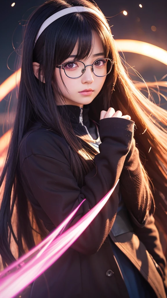 1girl, anime style, cute anime girl, anime girl with glasses, anime girl with long hair, ethereal anime aesthetic, beautiful anime portrait, realistic anime art, detailed anime face, high quality anime, ultra detailed anime, 8k anime, anime moe artstyle, anime vibes, anime girl desktop background, naruto, sharingan, sharingan background, night, dark, naruto headband