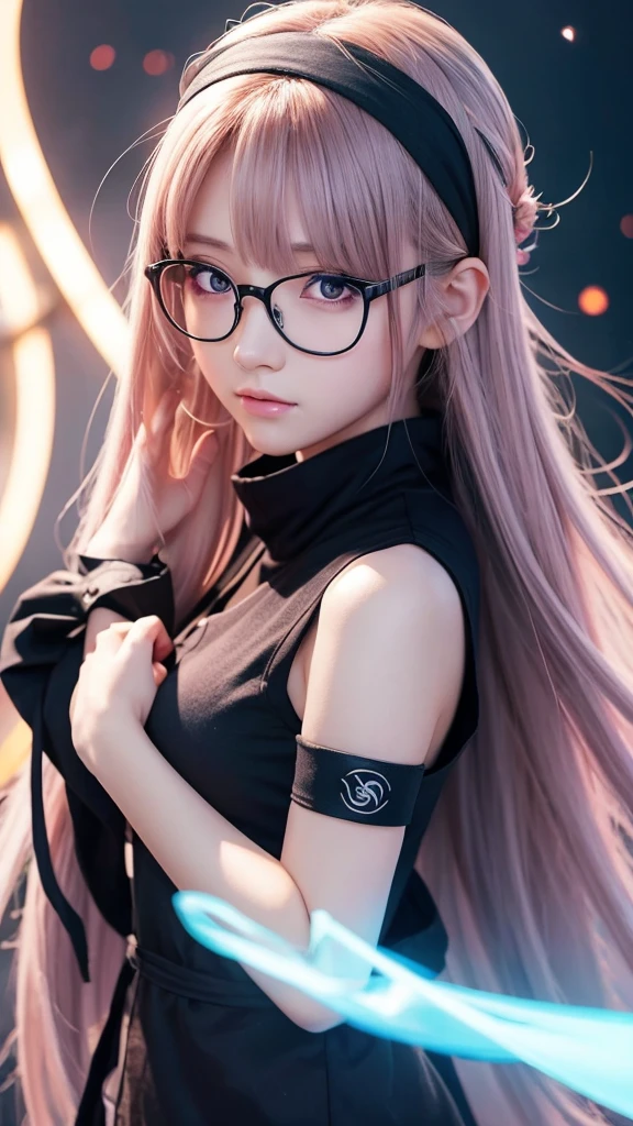 1girl, anime style, cute anime girl, anime girl with glasses, anime girl with long hair, ethereal anime aesthetic, beautiful anime portrait, realistic anime art, detailed anime face, high quality anime, ultra detailed anime, 8k anime, anime moe artstyle, anime vibes, anime girl desktop background, naruto, sharingan, sharingan background, night, dark, naruto headband