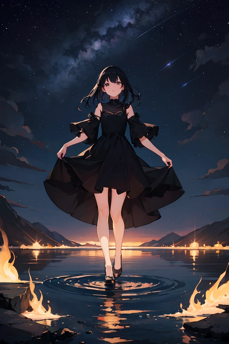 Girl (Full body ), fobreak, lake, long black dress, Very detailed, break, clear sky, stars, a night, vibrant, Bright insect lights, Live scene 