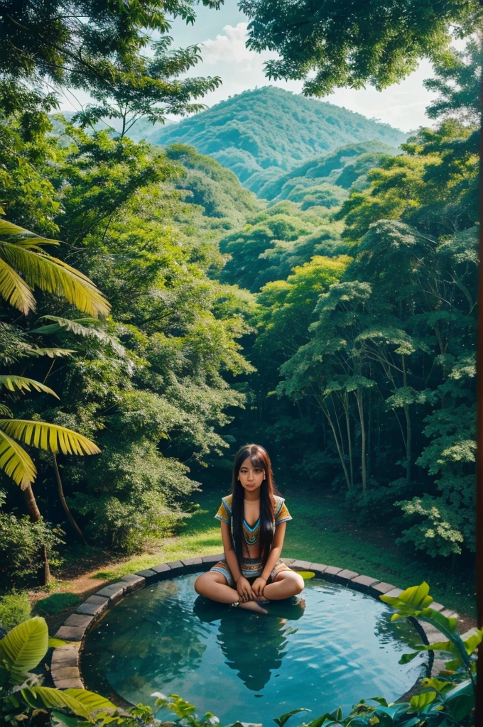 Create image in birds eye view of anime Indian Girl relaxing in center of magical dense forest and she is looking at the sky