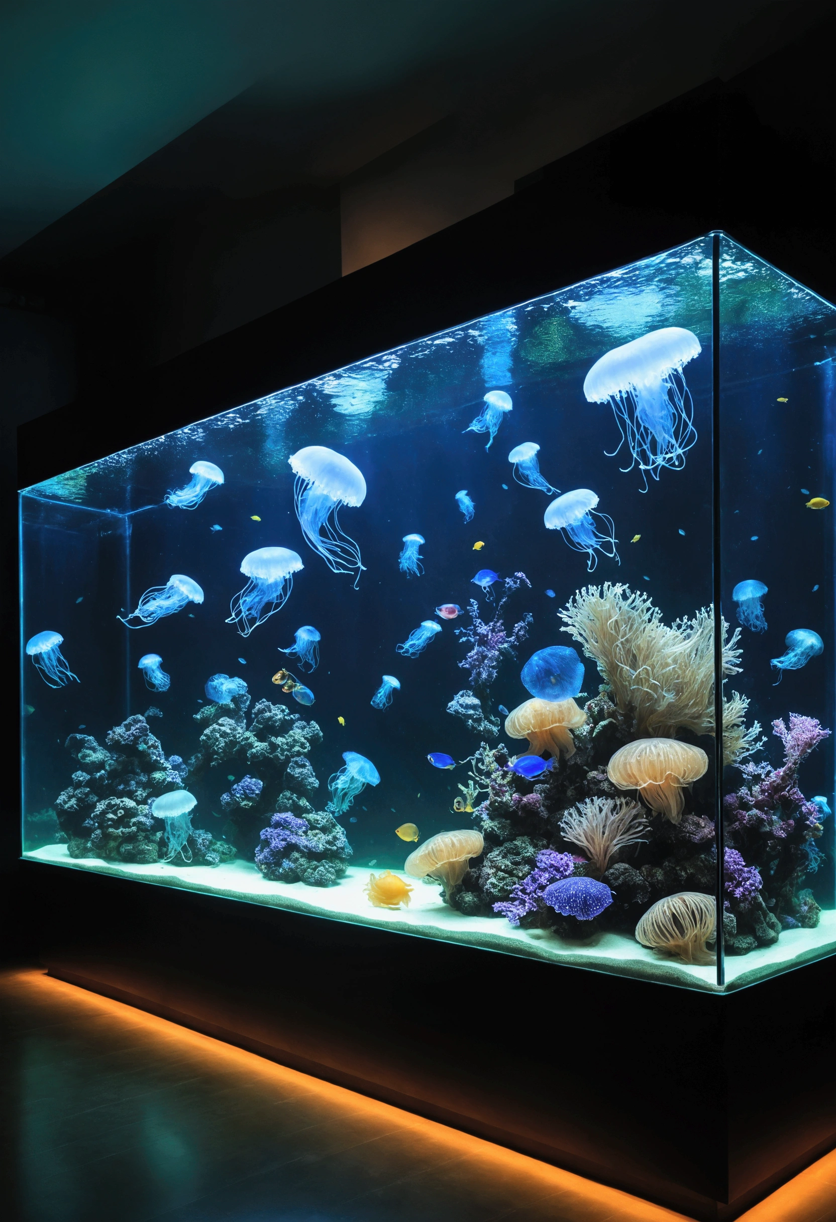 aquarium、Huge aquarium、Large single glass aquarium、Dimly lit interior、Quiet atmosphere、View angle from behind、Huge aquarium、Jellyfish tank、Very large aquarium、A lot of jellyfish dance、