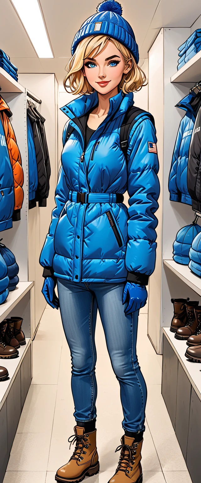 ((white changing room in the store)), smile, cloth store,fullbody, girl in Blue down jacket and levis (jeans) and blue gloves and black hiking boots and 
blue winter synthetic vest and blue winter pants and (blue winter hat) in a dynamic pose, adult, [Nordic], Hourglass elongated fitness body, perfect Olive skin, Oval Face, Long neck, Rounded shoulders, perfect hand, Attached Pointed ears, round forehead, (Short blonde Waves pixie hair), snub nose, Arched eyebrows, ((Monolid blue Eyes)), High Round Narrow cheekbones, Dimpled Cheeks, Rounded Chin, Rounded Jawline, Full nude Lips, (blue eyes), Nude Makeup Look, long eyelashes, third breast size, ong slim fitness legs, graphic style of novel comics, perfect hands, 2d, 8k, hyperrealism, masterpiece, high resolution, best quality, ultra-detailed, super realistic, Hyperrealistic art, high-quality, ultra high res, highest detailed, lot of details, Extremely high-resolution details, incredibly lifelike, colourful, soft cinematic light,