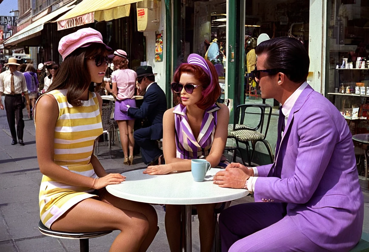 Nostalgic photo of 1960s. Photo of a bustling urban street scene with four individuals in the foreground. The first individual on the left is a male wearing a dark suit with a light-colored shirt, and his hair is short, standing, facing to the right. Next to him is a female with long, straight red hair, wearing an vibrant retro colors striped sleeveless dress that reaches mid-thigh with a sunglasses, she is looking at the man. The third figure is another female seated at an outdoor café table, facing the man, dressed in light pink attire consisting of a buttoned-up suit and trousers; she dons a purple hat with dark hair. The fourth figure is also female, sitting and facing away from the camera, she is looking at the man, sporting sleeveless dress with horizontal stripes in shades of yellow and brown that also reaches mid-thigh. They are all on a sidewalk by shops with visible signage such as “MARKS SHOP” in the background. There’s also part of a motorcycle visible on the left side of the frame. The lighting suggests daylight conditions with natural sunlight casting soft shadows on the figures and surroundings of 1969s. The camera angle is at eye level capturing this candid moment from medium distance.