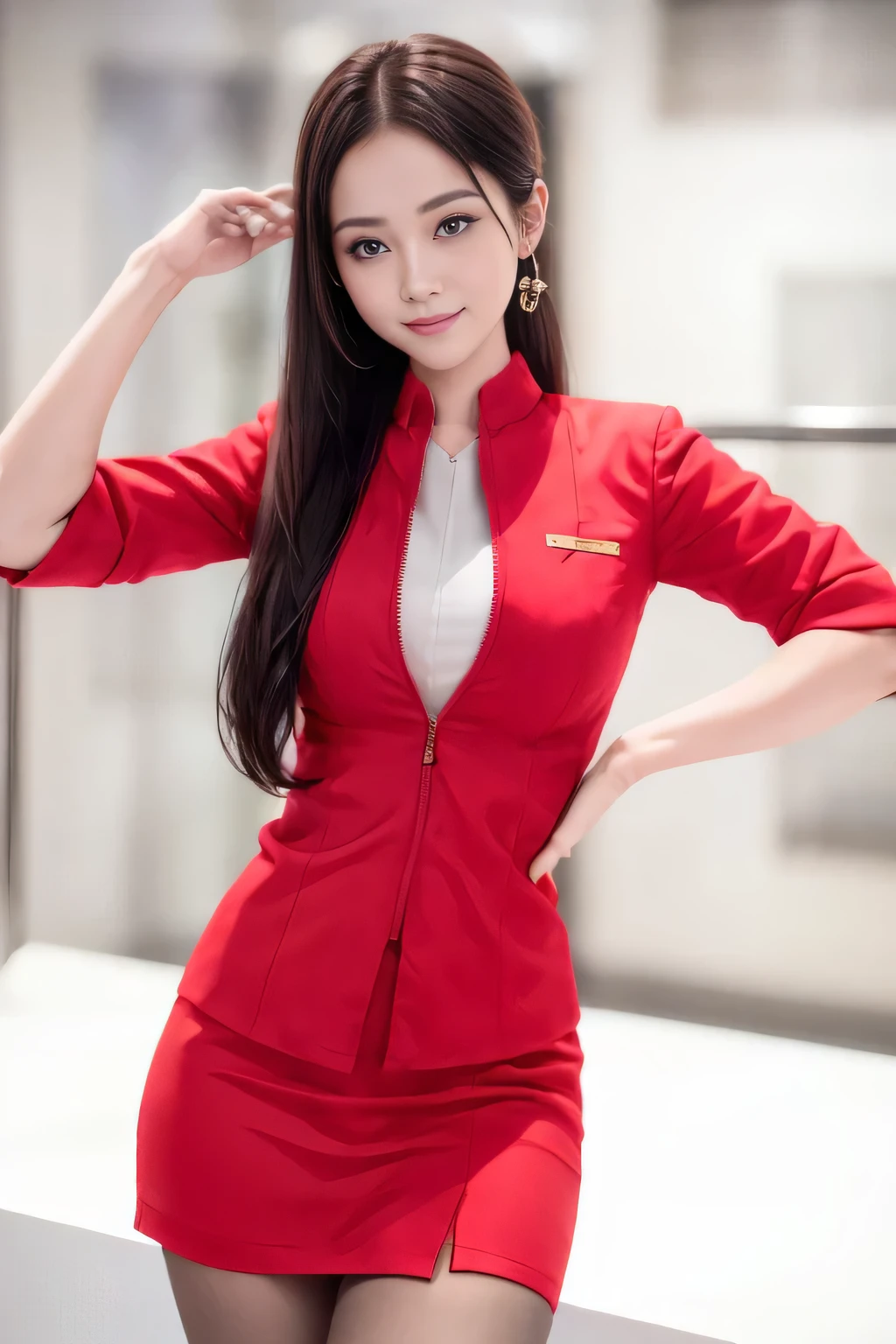 (masterpiece:1.2, Highest quality:1.2), 32k HDR, High resolution, (alone, 1 Girl), (AirAsia stewardess uniform realistic style), A proper woman, Beautiful Face, Brown Hair, (Long hair down to the legs), (Red jacket:1.1, Unzipped jacket, Unbuttoned white shirt:1.05, Red mini skirt:1.1, pantyhose),(Showing big through cleavage in unbuttoned white shirt)、(long hair that reaches down to the legs)、Perfect slim body:1.1, Huge breasts, huge breasts cleavage, Detailed skin texture, Beautiful Eyes, (Attractive look:1.2), necklace、Earrings、(forward leaning posture:1.5), On the roof of a building, Rooftop at daytime,blue eyes、Hands should be lowered