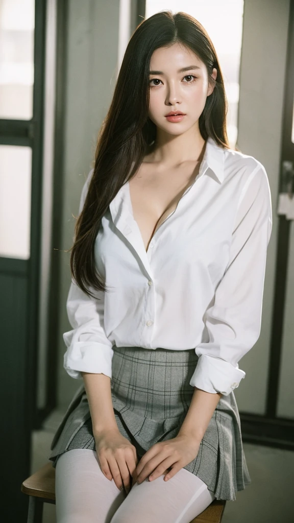 ultra Realistic 8k cg, picture-perfectionな顔, perfection, clean, masterpiece, Professional artwork, Famous works of art, perfectionな顔, Beautiful Face, beautiful eye, ((perfectionな女性の体)), alone,(Immersive atmosphere, Chiaroscuro:1.5,Bright light:1.2,Bright lighting)
,,(blush:0.5),Captivating look,Very detailed_eye,Thick thighs,Large Breasts,
Beautifully detailed backgrounds,Depth of written boundary,Realistic:1.3, Long Shot,One girl,shirt,Pleated skirt, , Sitting, whole body,
(Zhou Haoguang:1.3),(Structure of the film:1.3),(Neon Light:0.1),(High resolution:0.1),Accent lighting, White Pantyhose,