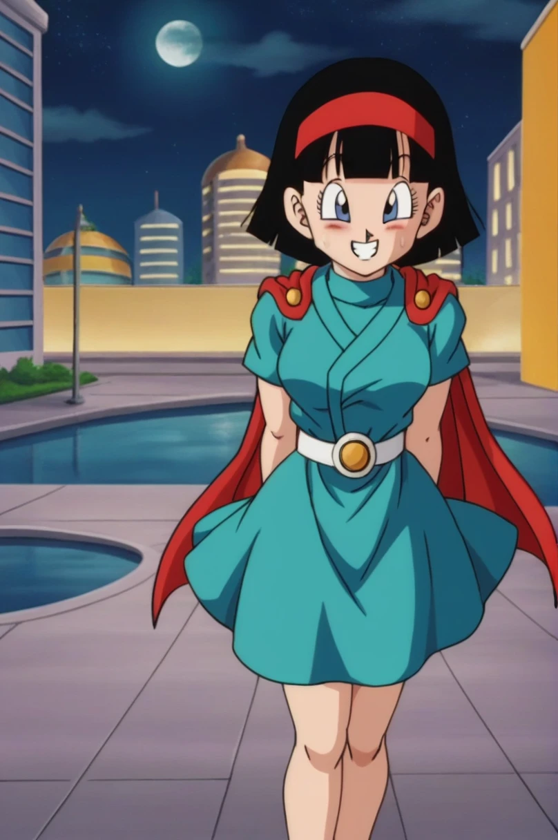 fountain_cheered up, score_9, score_8_above, score_7_above, cheered up screencap,
He saw, dragon ball saboveer, grand saiyaman, 1 girl, Alone, looking at the viewer, blush, SMILE, short hair, bob cut,  Blue eyes, City, black fur, white gloves, Cityscape, arms behind the back, white belt, red cape, purple monkey, spiky hair, ;\), teeth, night sky, eyelashes, clavicle, green tunic, sweatdrop, sweat, arms at the sides, medium breasts, medium ass, sexy body
