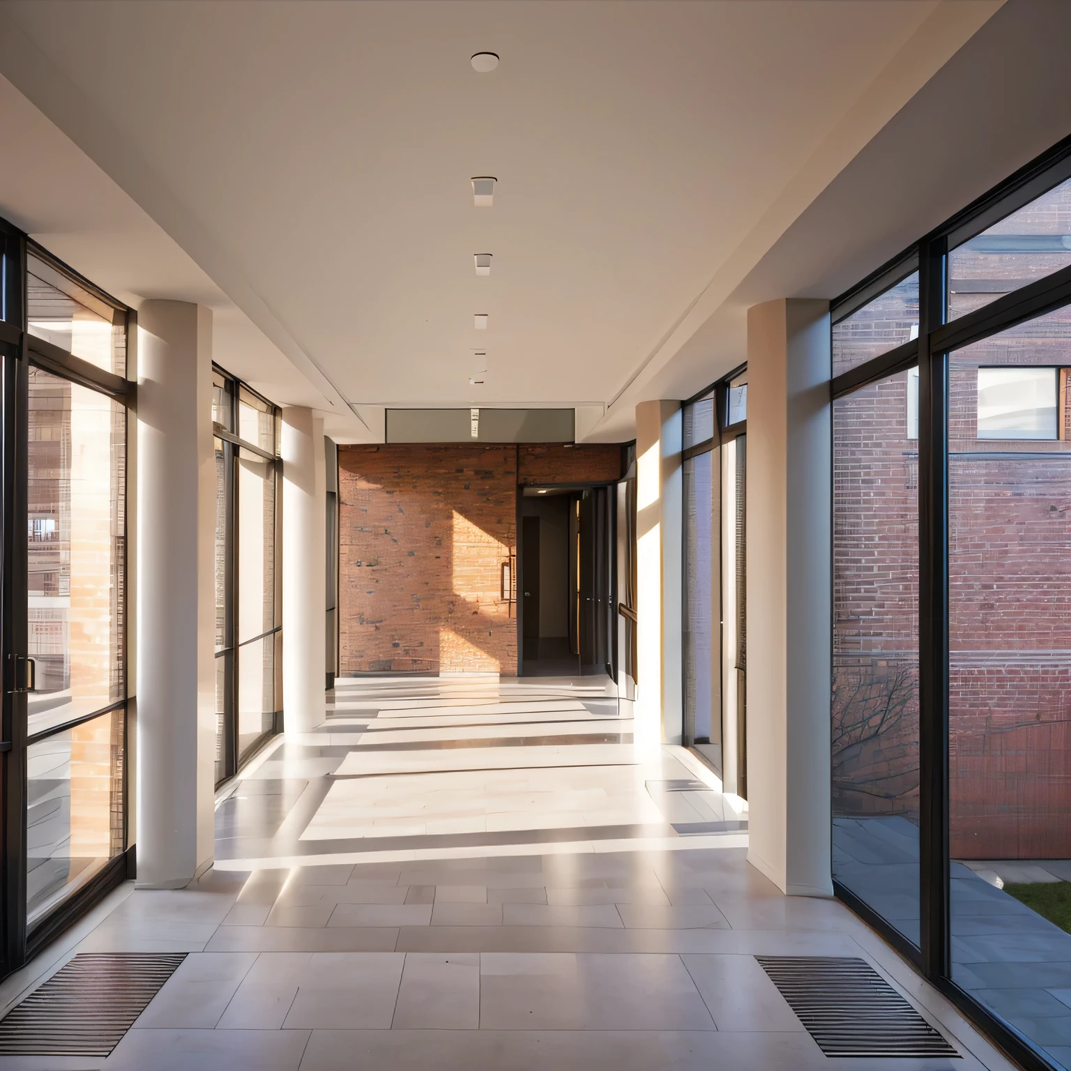 There is a long corridor，There is a brick wall and a door, Architectural Visualization, Natural light outside, Inside the building, Inside the building, Center Image, Private school admission, Rows of windows interior lighting, Floor-to-ceiling windows, by Jan Wienants, Natural light as background, atrium, vestibule, Floor-to-ceiling windows