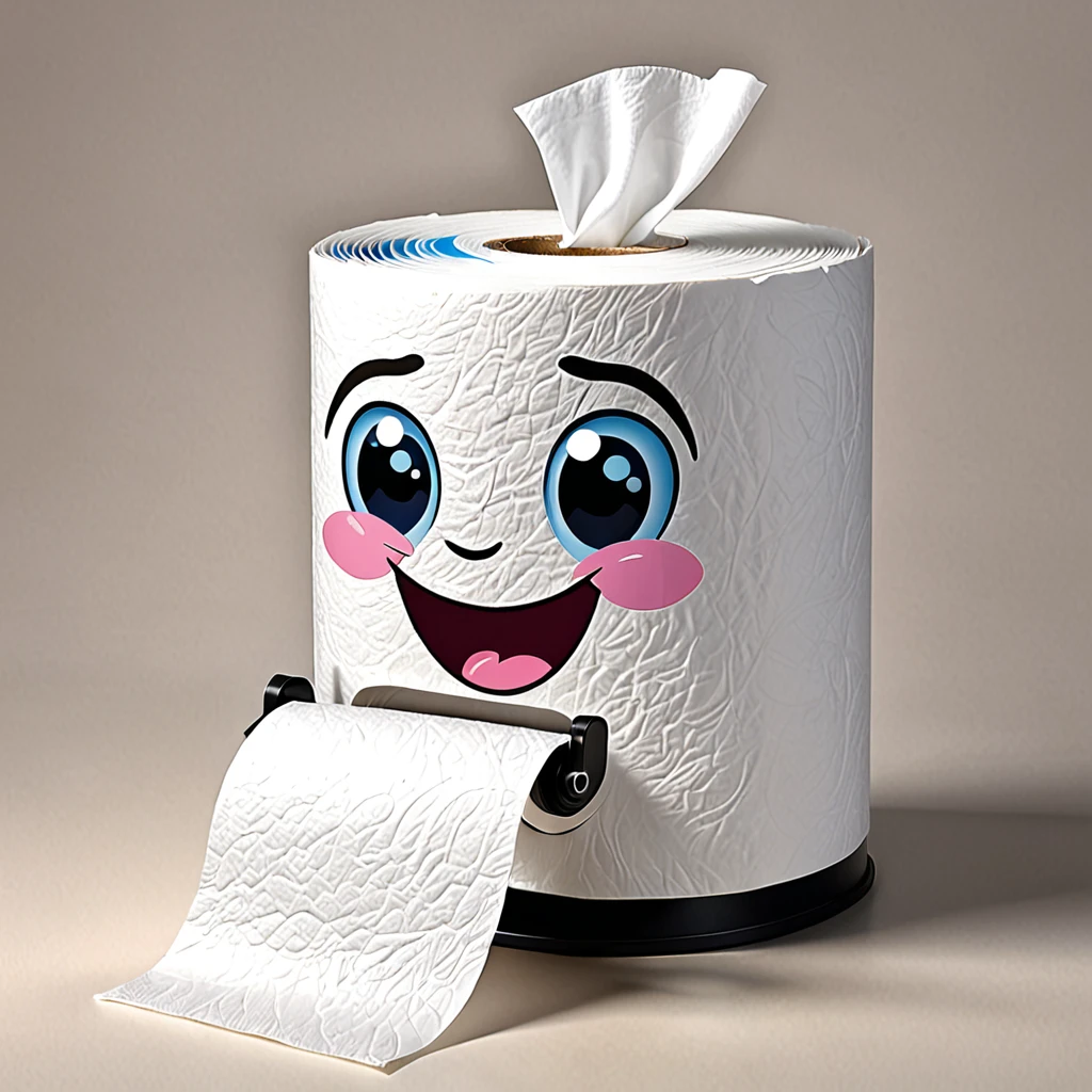 Create a hyperdetailed photorealistic image of a roll of bathroom tissue on a dispenser. The scroll has a cute relief face that makes an expression "yuck" with his eyes scratched and his teeth clenched.