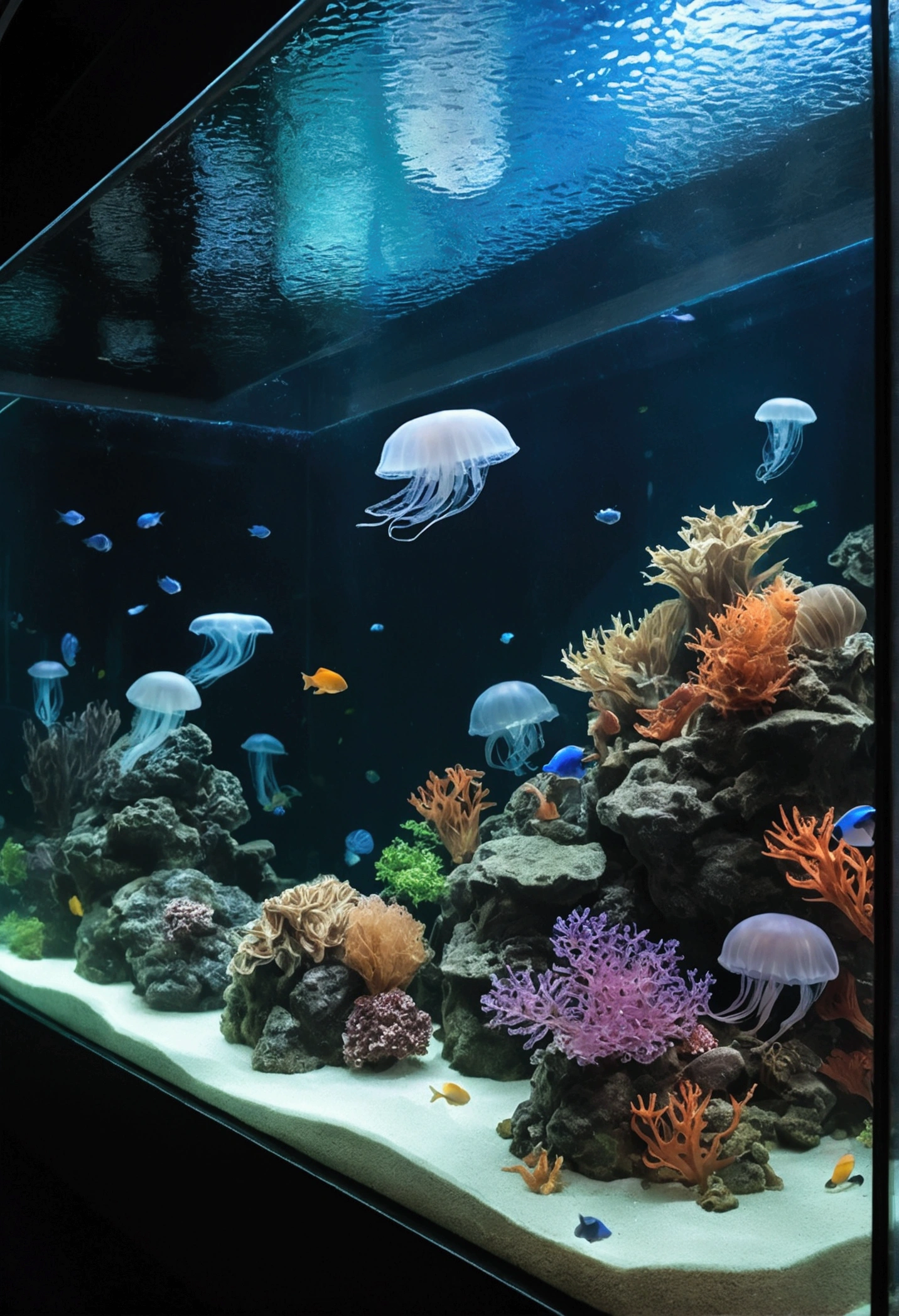 aquarium、Huge aquarium、Large single glass aquarium、Dimly lit interior、Quiet atmosphere、View angle from behind、Huge aquarium、Jellyfish tank、Very large aquarium、
