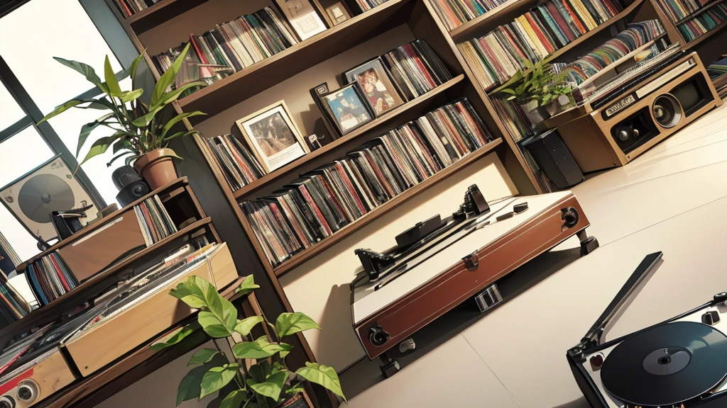Superior quality, masterpiece, unity 8k wallpaper, Depth of written boundary, Super detailed,High resolution, (((unmanned))), (((Record Store))), Nostalgia, Panorama, Long Shot, (((Record player on a shelf.))), (((Different angles))),(((plant))),,80&#39;s