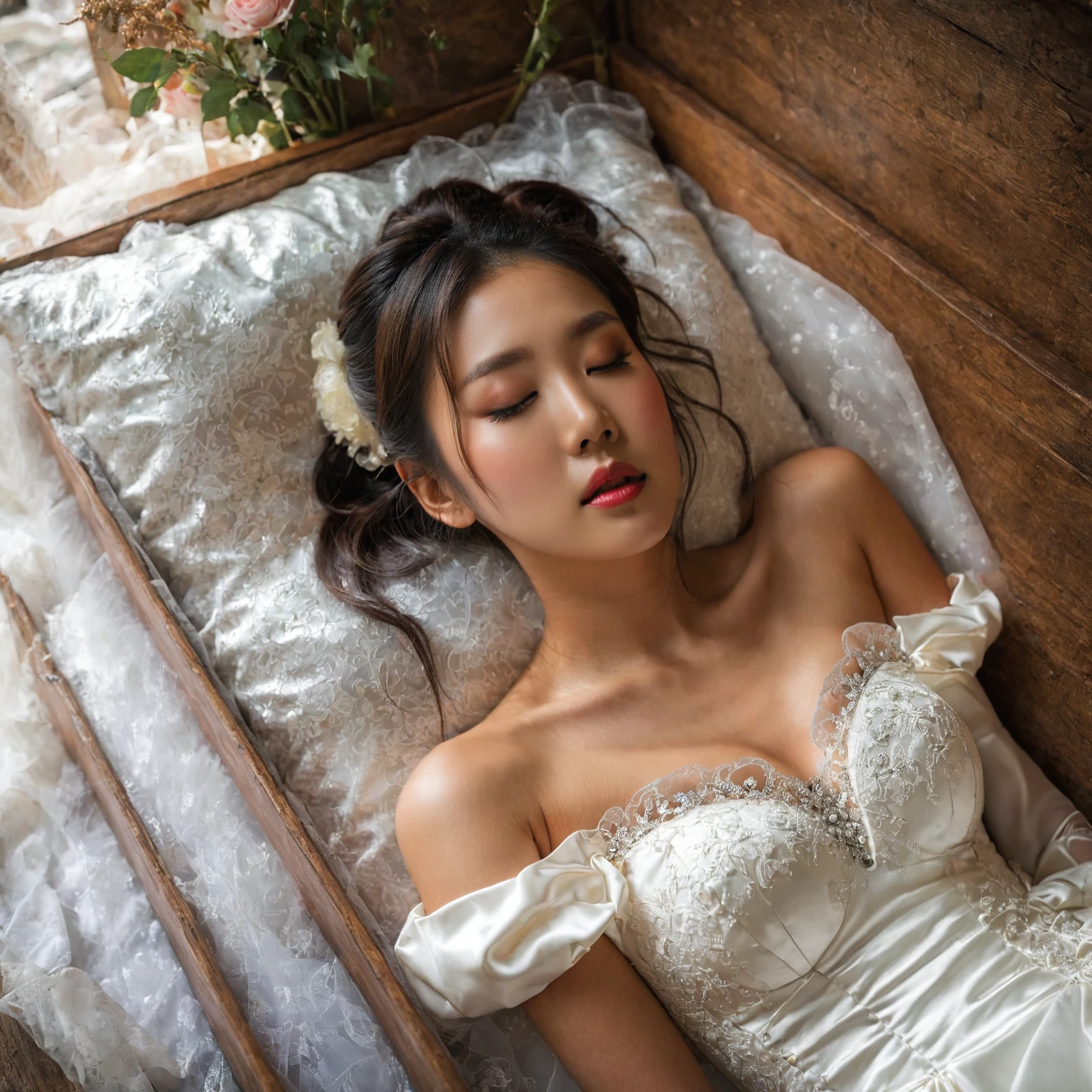 A provocative and sensual image unfolds before us. Two Korean girls, 22 years old, lie asleep in a deep, black coffin surrounded by plush pillows. They wear see-through wedding dresses with lace details, off-shoulder designs, sleeve, and huge skirts that cascade around their bodies. The dresses are cut low to showcase their beautiful breasts, fixed with a subtle cleavage cutout. Their faces are flawless, with perfect eyebrows, eyelashes, and skin tone. One girl's hair is styled in a ponytail with bangs framing her face, while the other has a bun adorned with wisps of hair framing her closed eyes. The overall atmosphere is one of intimacy and sensuality, with saturated colors enhancing the mood. Note the visible breasts and perfectly manicured hands that peek out from beneath the skirts, which are strategically covered to conceal their legs, ba11g0wn