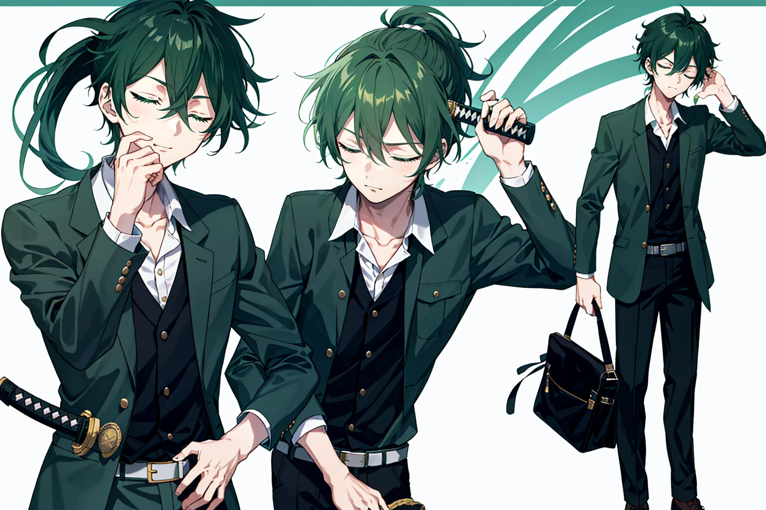 1 boy, 27 years old, full body, hair between eyes, dark green hair, Lower ponytail, collared shirt, slacks, safari jacket, closed eyes, katana, dynamic composition,