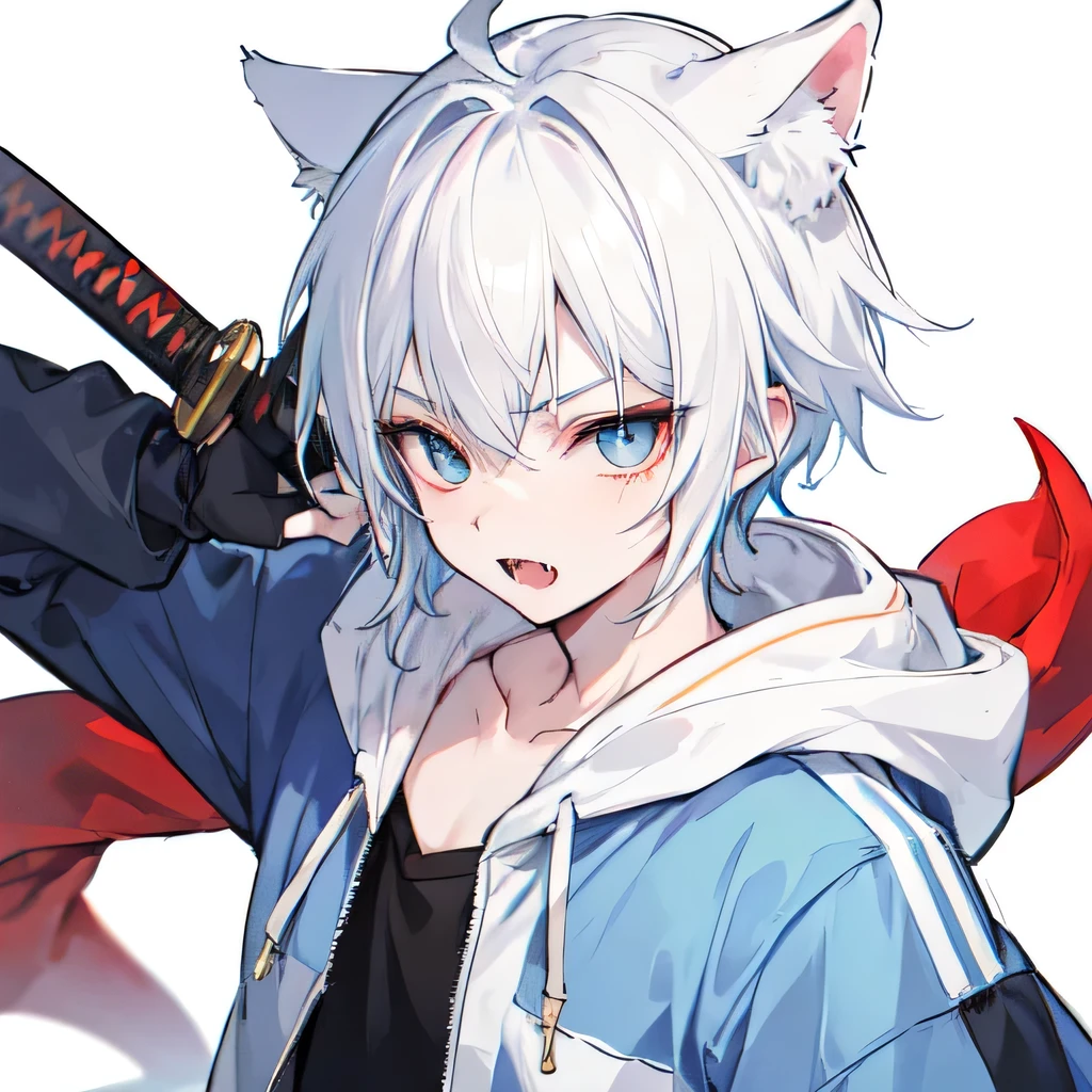 1Boy, Boyish, Catboy, Fangs Showing, Ultra-detailed Ice-colored Dragon Eyes, Eye-focus, Snow-White Hair, Head Shot, Cute Expression, Tight Hoodie, Holding katana sword in hand, Plain Background
