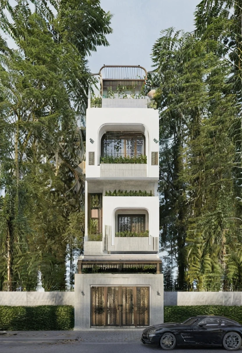 Render a 4-meter-wide, 1-story Indochine-style small townhouse situated in an urban setting. The townhouse features an elegant white facade with traditional Indochine architectural elements, including arched windows, wooden shutters, and decorative railings. The roof is designed with a two-sided slope running from front to back, similar to the style of houses in Hoi An. The exterior walls are adorned with subtle, ornate details that reflect the Indochine style. Incorporate artistic wooden louver panels on the exterior for added visual interest and architectural depth. The ground floor includes a welcoming entrance with classic wooden furniture and traditional lanterns. The street is lined with cobblestone pavement, tropical plants, and urban elements such as street lamps and parked bicycles, creating a harmonious blend of traditional and urban aesthetics. 8k resolution, UHD, high-quality detail, Indochine style, 5-meter-wide facade, 3-story, white exterior, arched windows, wooden shutters, decorative railings, two-sided sloping roof, Hoi An style, classic wooden furniture, traditional lanterns, ornate details, artistic wooden louver panels, urban setting, street view, cobblestone pavement, tropical plants, street lamps, parked bicycles, harmonious blend of traditional and urban aesthetics.