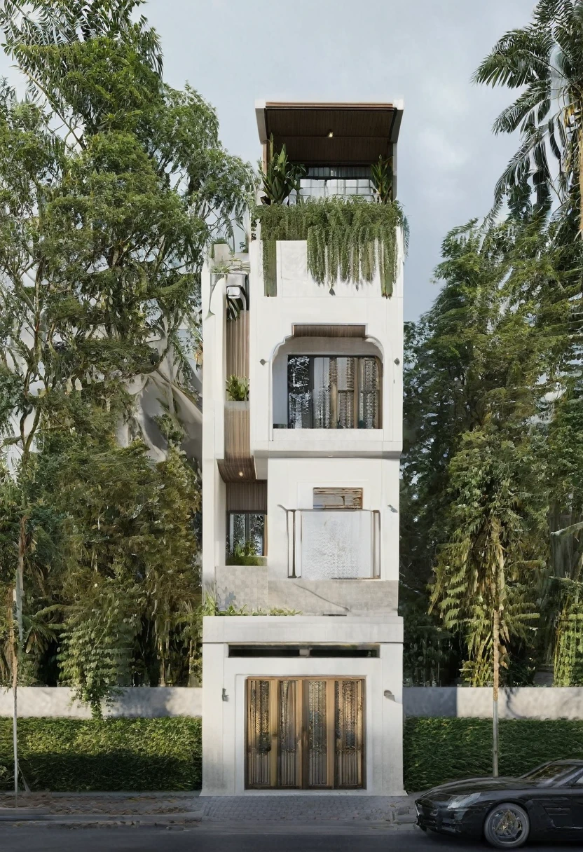 Render a 4-meter-wide, 1-story Indochine-style small townhouse situated in an urban setting. The townhouse features an elegant white facade with traditional Indochine architectural elements, including arched windows, wooden shutters, and decorative railings. The roof is designed with a two-sided slope running from front to back, similar to the style of houses in Hoi An. The exterior walls are adorned with subtle, ornate details that reflect the Indochine style. Incorporate artistic wooden louver panels on the exterior for added visual interest and architectural depth. The ground floor includes a welcoming entrance with classic wooden furniture and traditional lanterns. The street is lined with cobblestone pavement, tropical plants, and urban elements such as street lamps and parked bicycles, creating a harmonious blend of traditional and urban aesthetics. 8k resolution, UHD, high-quality detail, Indochine style, 5-meter-wide facade, 3-story, white exterior, arched windows, wooden shutters, decorative railings, two-sided sloping roof, Hoi An style, classic wooden furniture, traditional lanterns, ornate details, artistic wooden louver panels, urban setting, street view, cobblestone pavement, tropical plants, street lamps, parked bicycles, harmonious blend of traditional and urban aesthetics.