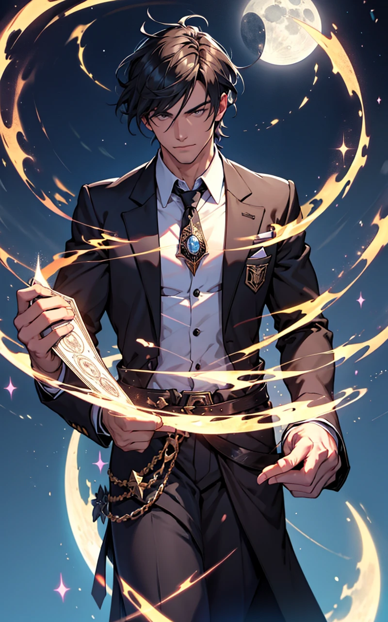 Handsome male magician casts powerful black moonlight magic