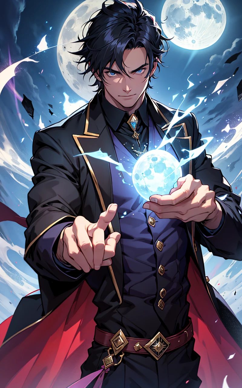 Handsome male magician casts powerful black moonlight magic