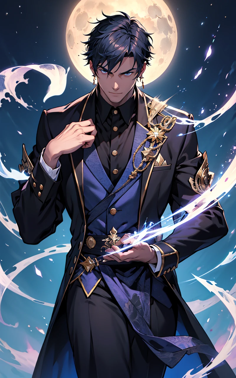 Handsome male magician casts powerful black moonlight magic