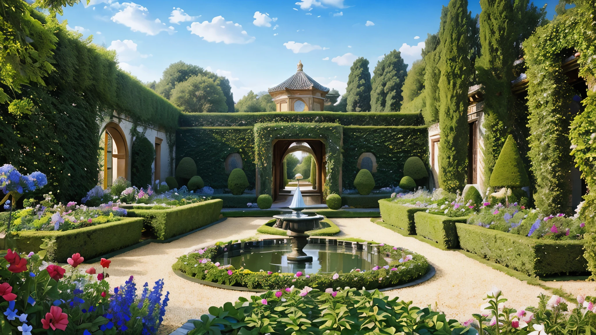 (high resolution)(masterpiece) Fresco, Heavenly Garden, A scene depicting a beautiful garden, Beautiful Renaissance architecture, water feature, Well-kept flower beds and neatly trimmed hedges look out over the blue sky. Nature is everywhere, and、The light is clear and crisp, 8k.Versailles、Open Garden