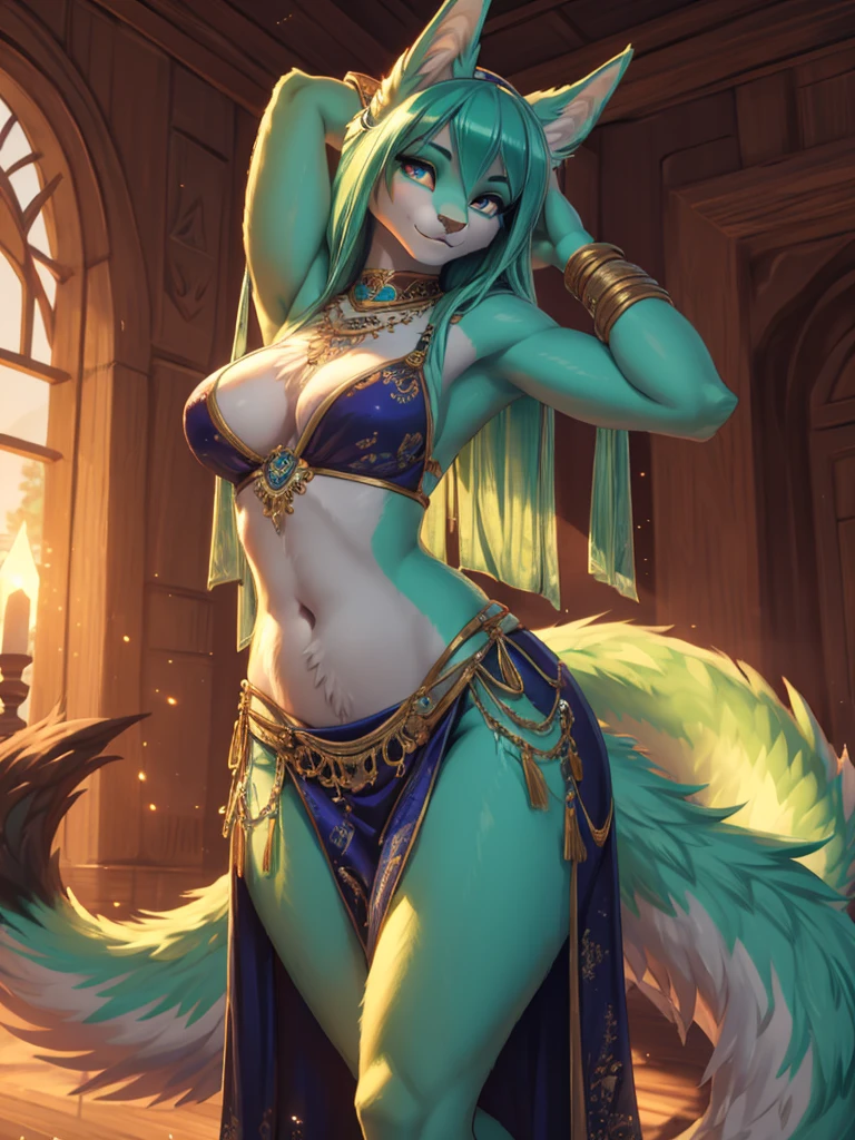 A beautiful detailed Miku Hatsune with sea-green skin, high resolution, kitsune ears, sensual Arabian clothing, belly dancer, sensual pose on back, hands raised, (best quality,4k,8k,highres,masterpiece:1.2),ultra-detailed,(realistic,photorealistic,photo-realistic:1.37),cinematic lighting,intricate details,digital art,fantasy,vibrant colors,volumetric lighting