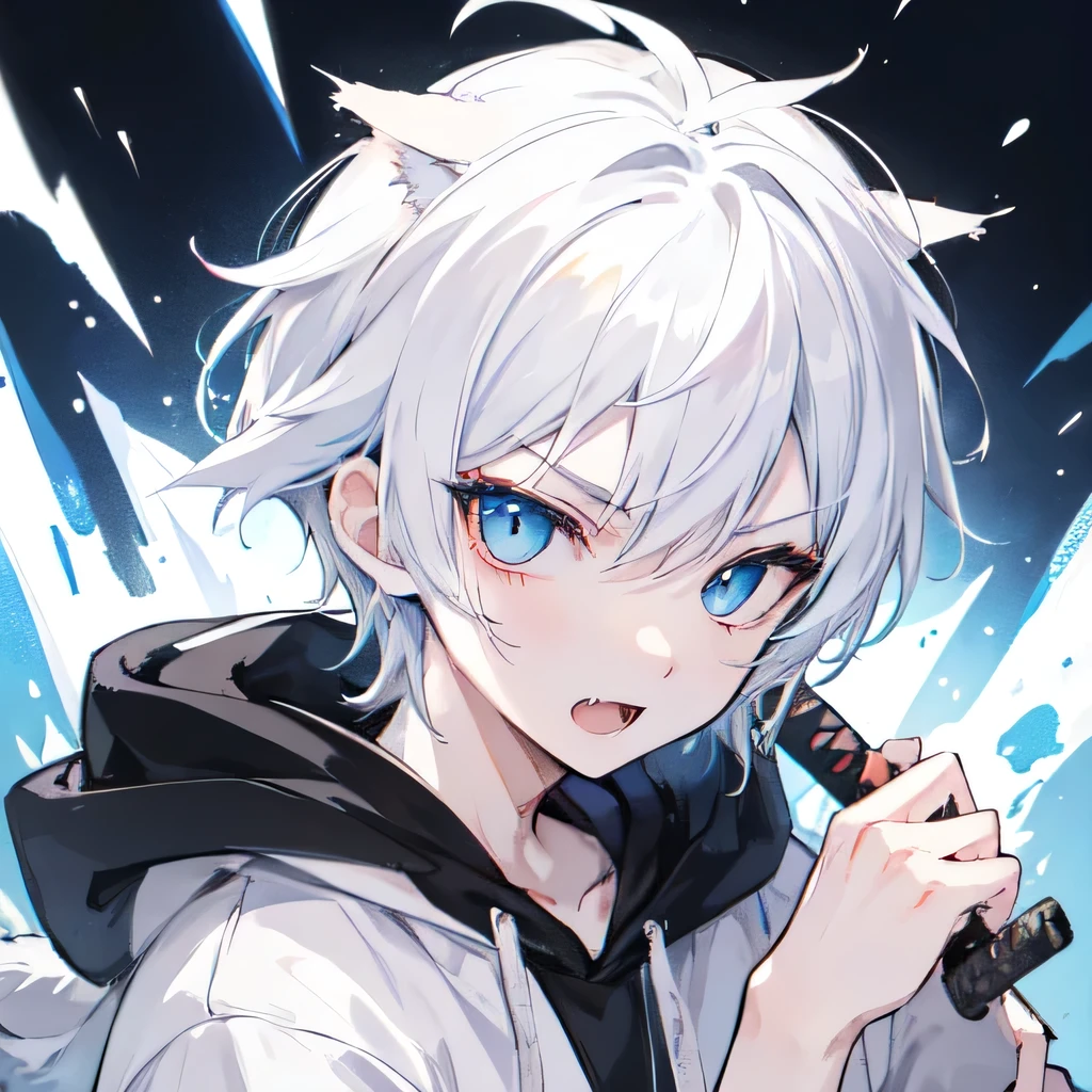 1Boy, Boyish, Catboy, Fangs Showing, Ultra-detailed Ice-colored Dragon Eyes, Eye-focus, Snow-White Hair, Head Shot, Cute Expression, Tight Hoodie, Holding katana sword in hand, Plain Background
