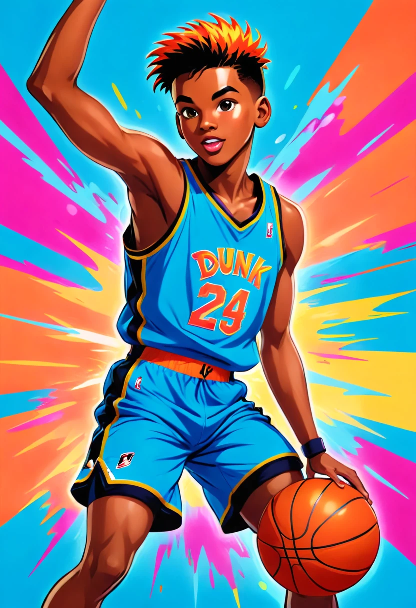 One boy, (((Dunk Shot))), basketball, athlete, Pop Background, Pop Art, colorful, flashy