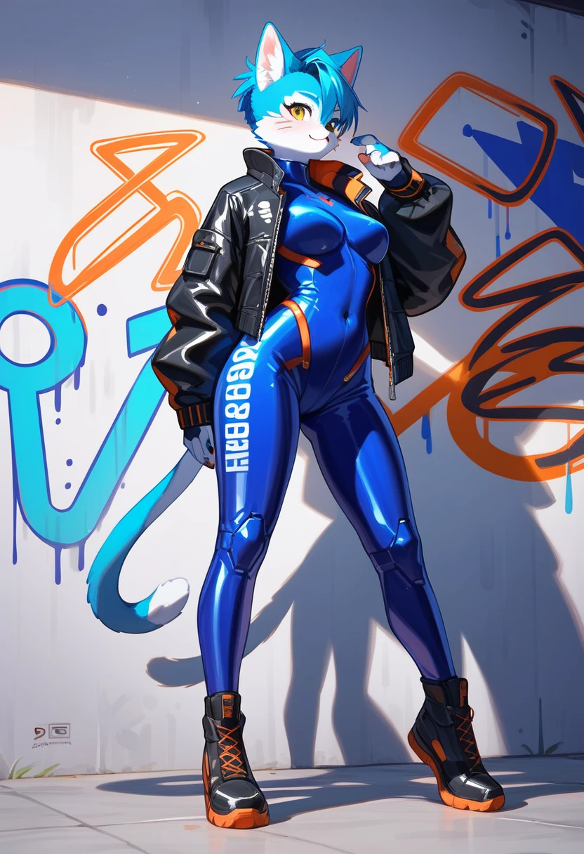 animation, Highest quality, Highest quality, High quality illustrations, masterpiece, Ultra-high resolution, Detailed Background, cyber cafe, Graffiti art on the wall, Absurd, Perfect Anatomy, performance, Good lighting, Shadows in the movies(kemono, Furry PersonifiCation), Cat, Blueskin, blue rubber suit, latex, neon, neonライト, neonカラー, Bodysuits, Cyber Suit, Mech Suit, Rubber Half Jacket, cyber punk