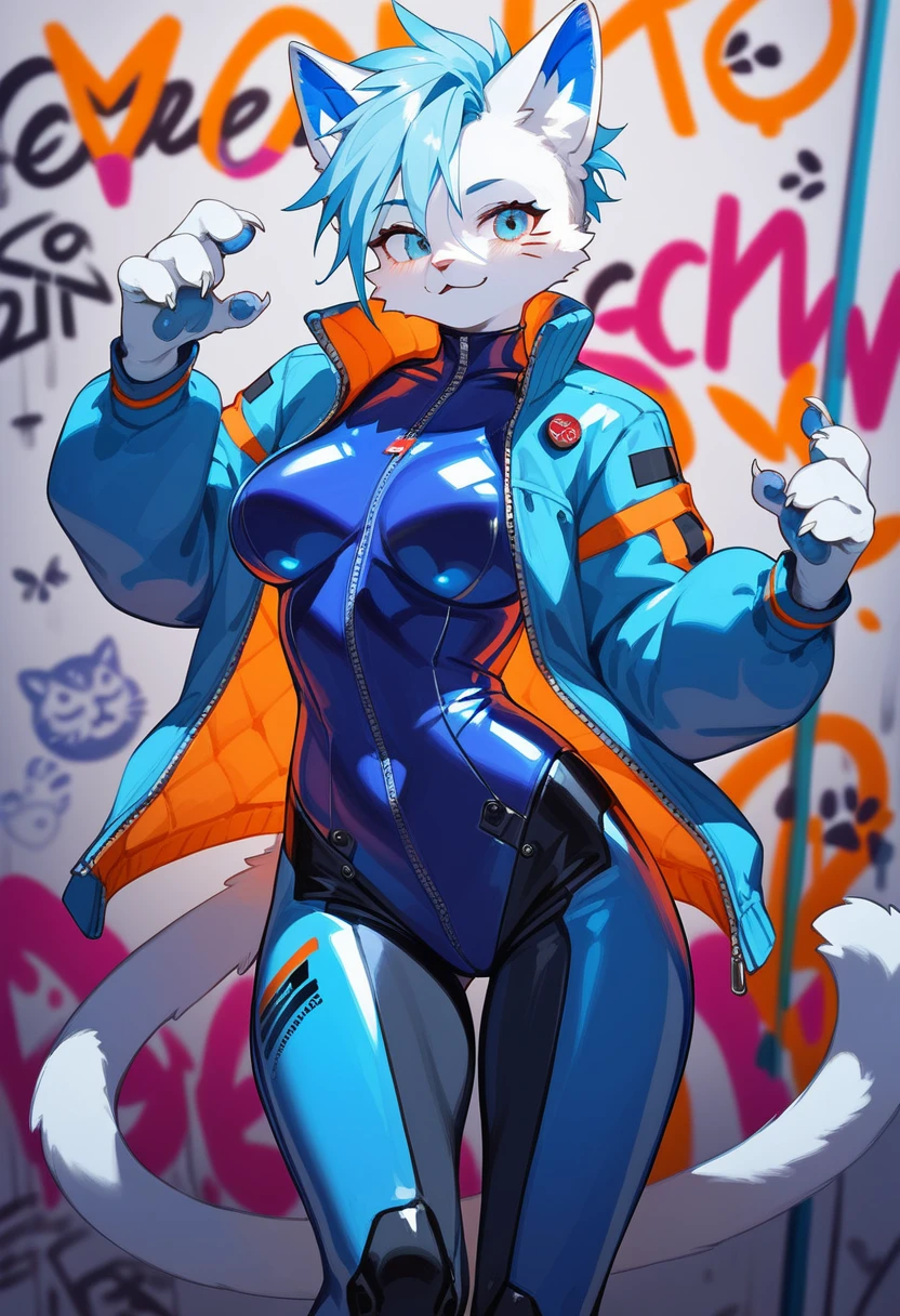 animation, Highest quality, Highest quality, High quality illustrations, masterpiece, Ultra-high resolution, Detailed Background, cyber cafe, Graffiti art on the wall, Absurd, Perfect Anatomy, performance, Good lighting, Shadows in the movies(kemono, Furry PersonifiCation), Cat, Blueskin, blue rubber suit, latex, neon, neonライト, neonカラー, Bodysuits, Cyber Suit, Mech Suit, Rubber Half Jacket, cyber punk