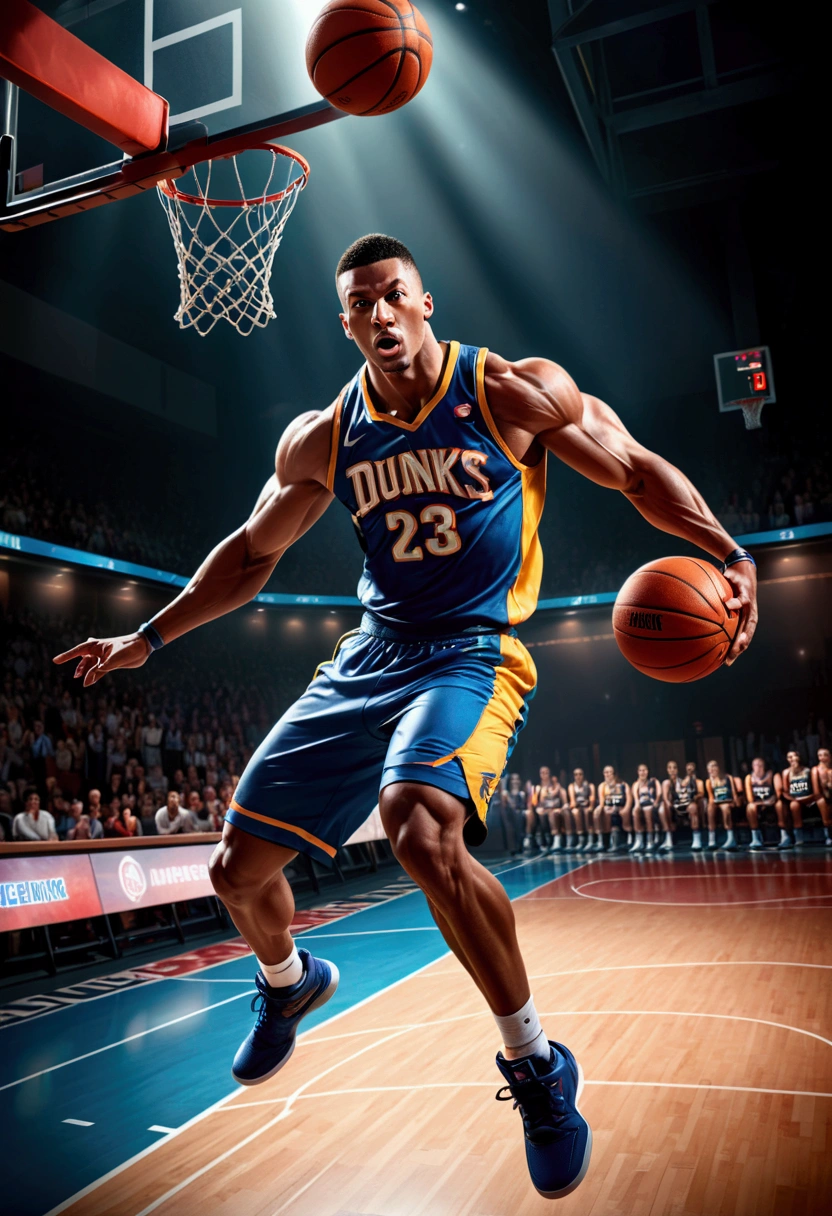 a muscular basketball player, dynamic dunk, powerful movement, high-angle shot, dramatic lighting, cinematic composition, vibrant colors, photorealistic, 8k, best quality, (masterpiece:1.2), extremely detailed, hyperrealistic, (realistic:1.37), dramatic shadows, dynamic pose, intense energy, court background, fast motion blur, (sports:1.1)