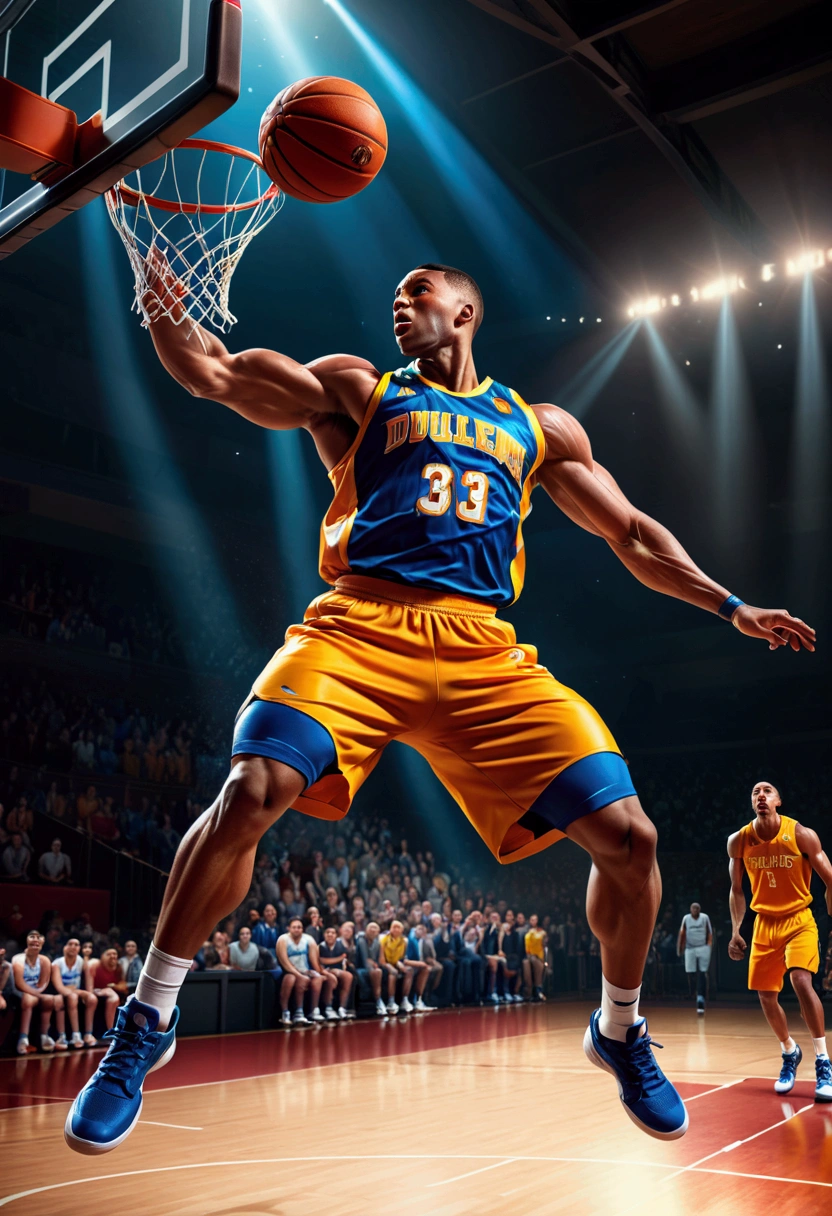 a muscular basketball player, dynamic dunk, powerful movement, high-angle shot, dramatic lighting, cinematic composition, vibrant colors, photorealistic, 8k, best quality, (masterpiece:1.2), extremely detailed, hyperrealistic, (realistic:1.37), dramatic shadows, dynamic pose, intense energy, court background, fast motion blur, (sports:1.1)